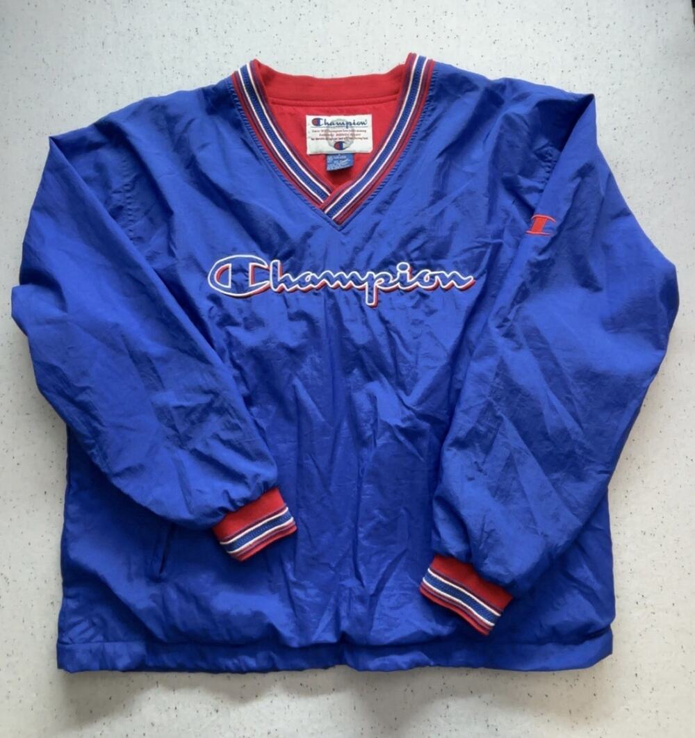 Vintage 90s Champion Pullover Windbreaker Jacket Men’s L Blue V-Neck Spellout
